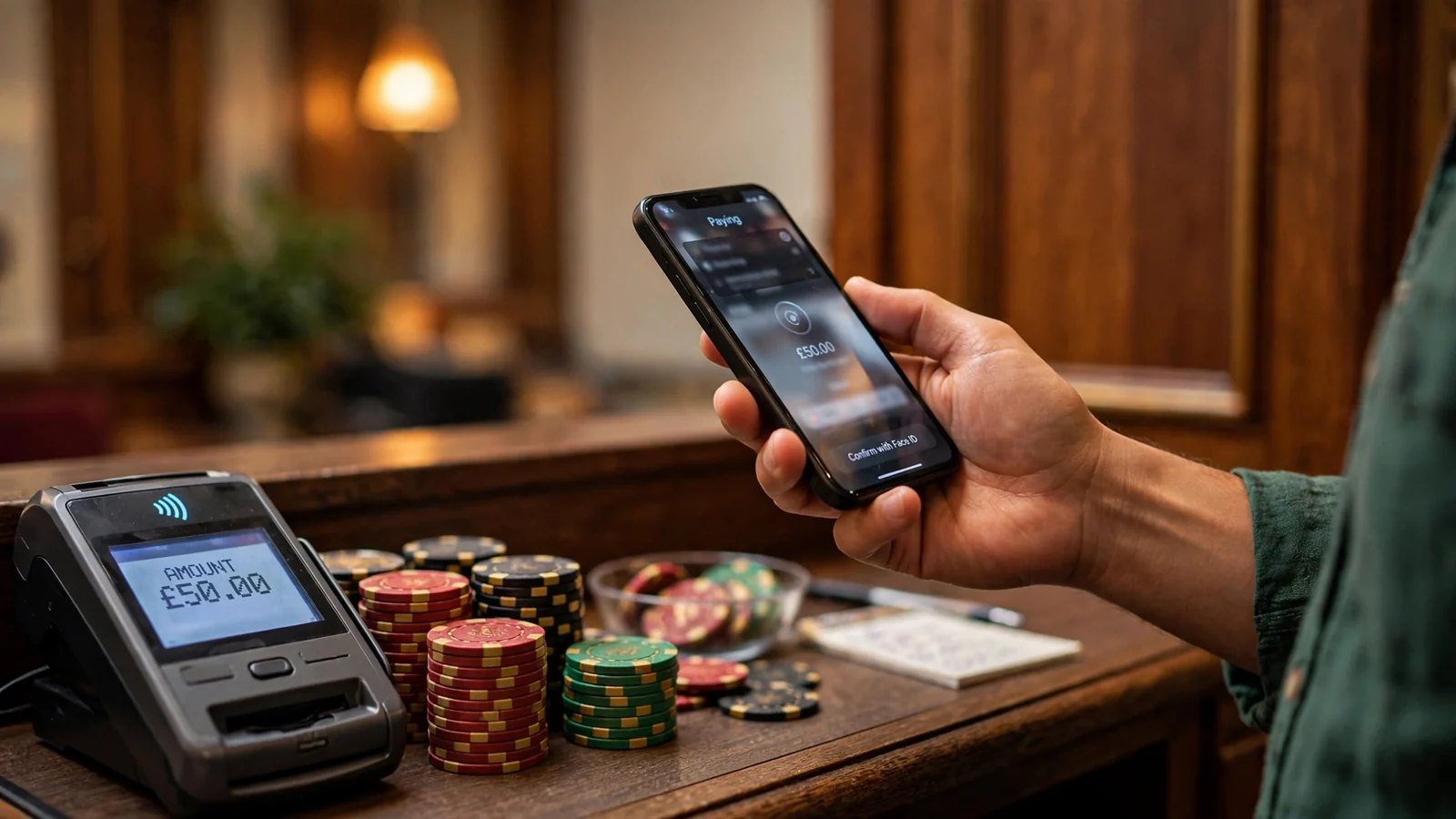 Hand using a smartphone for a casino payment near chips and a terminal
