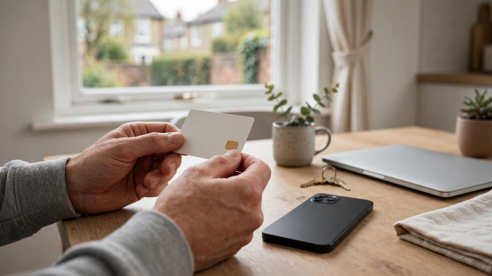 Hands holding payment card beside smartphone in a British kitchen