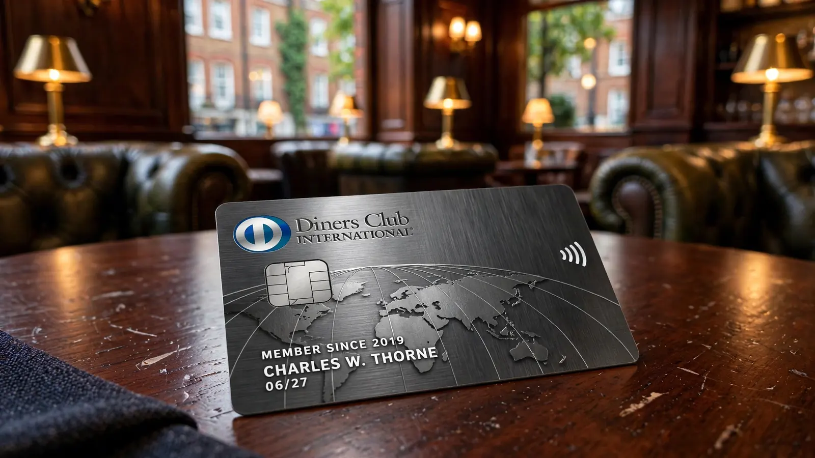 Diners Club card on a wooden table in an elegant London club setting