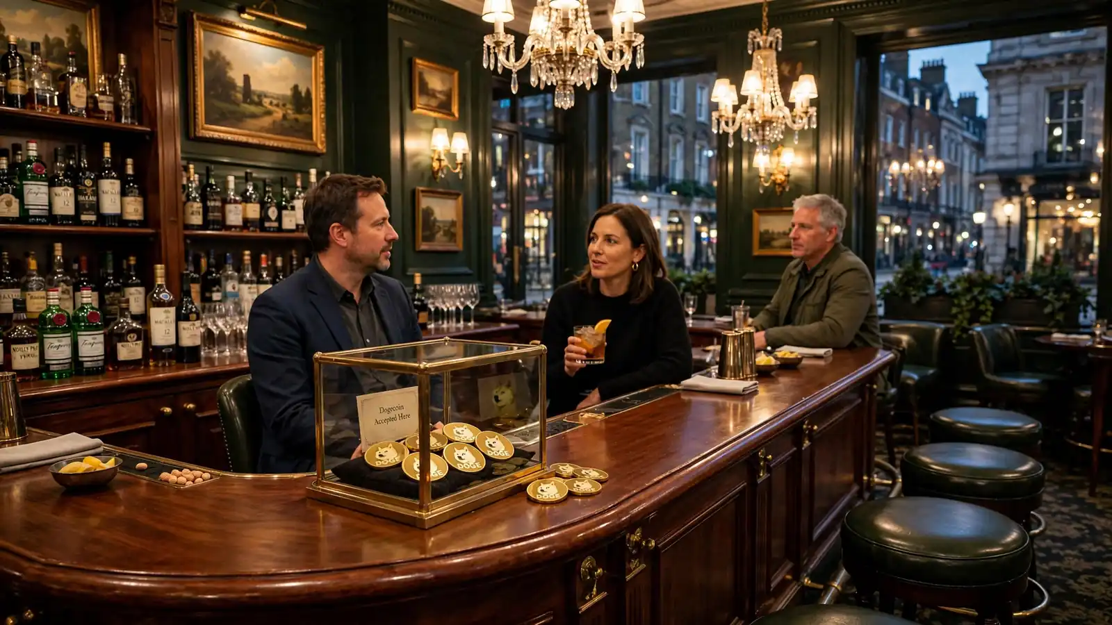 London casino lounge interior with chandeliers and Dogecoin tokens on the bar counter