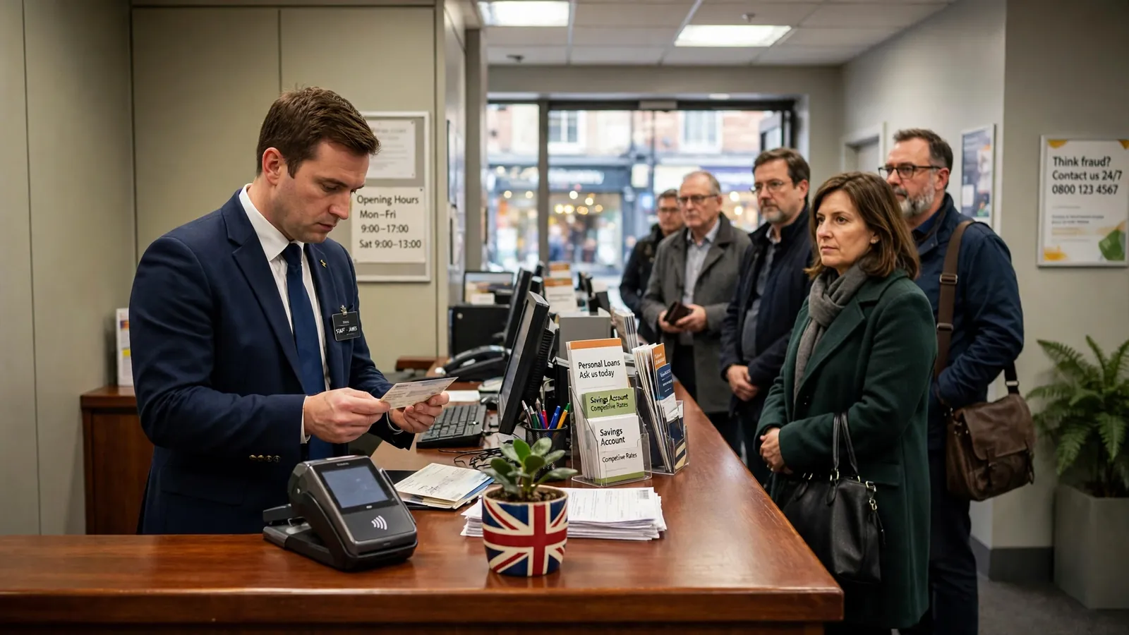 Bank cashier counter in the UK processing cheque payments for customers.