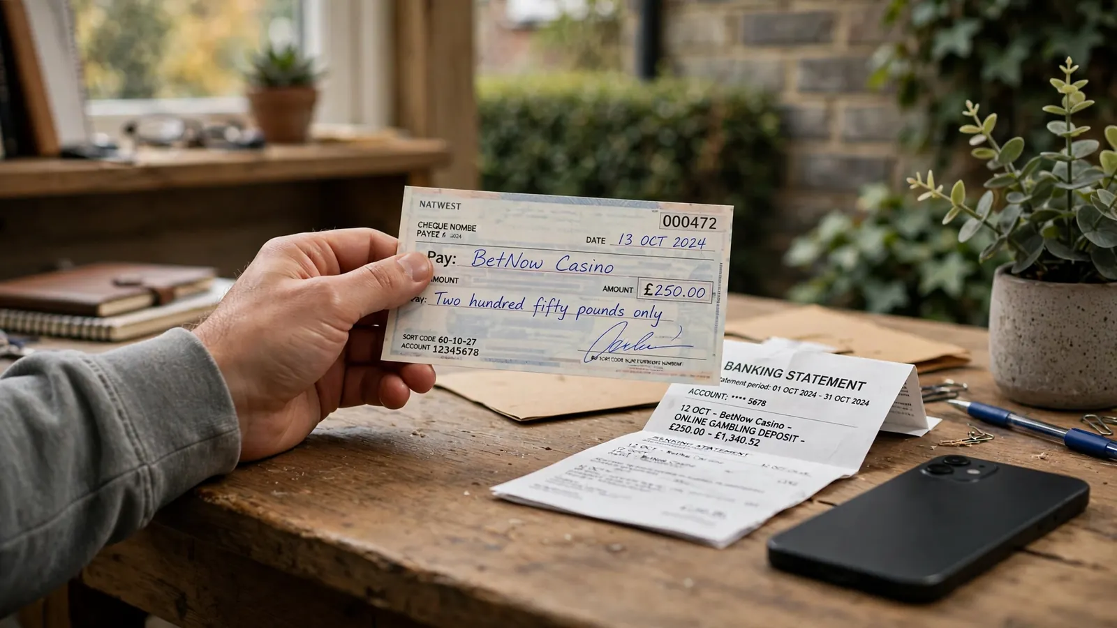 Hand holding signed cheque near smartphone on UK desk