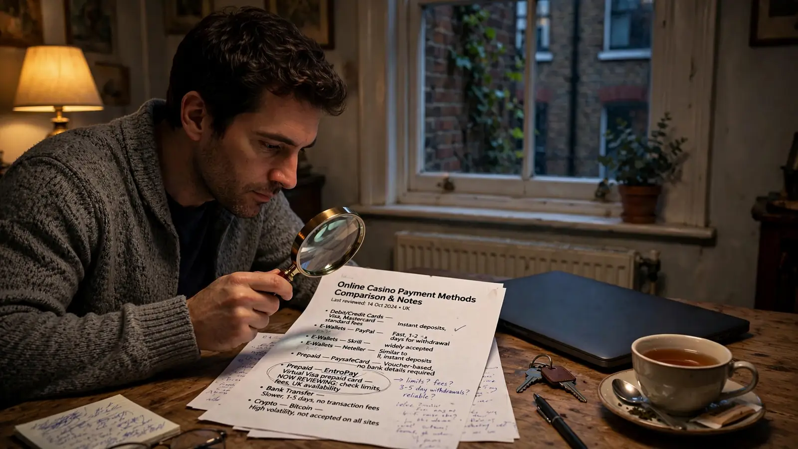 Person reviewing a list of casino payment methods under a lamp in a London flat.