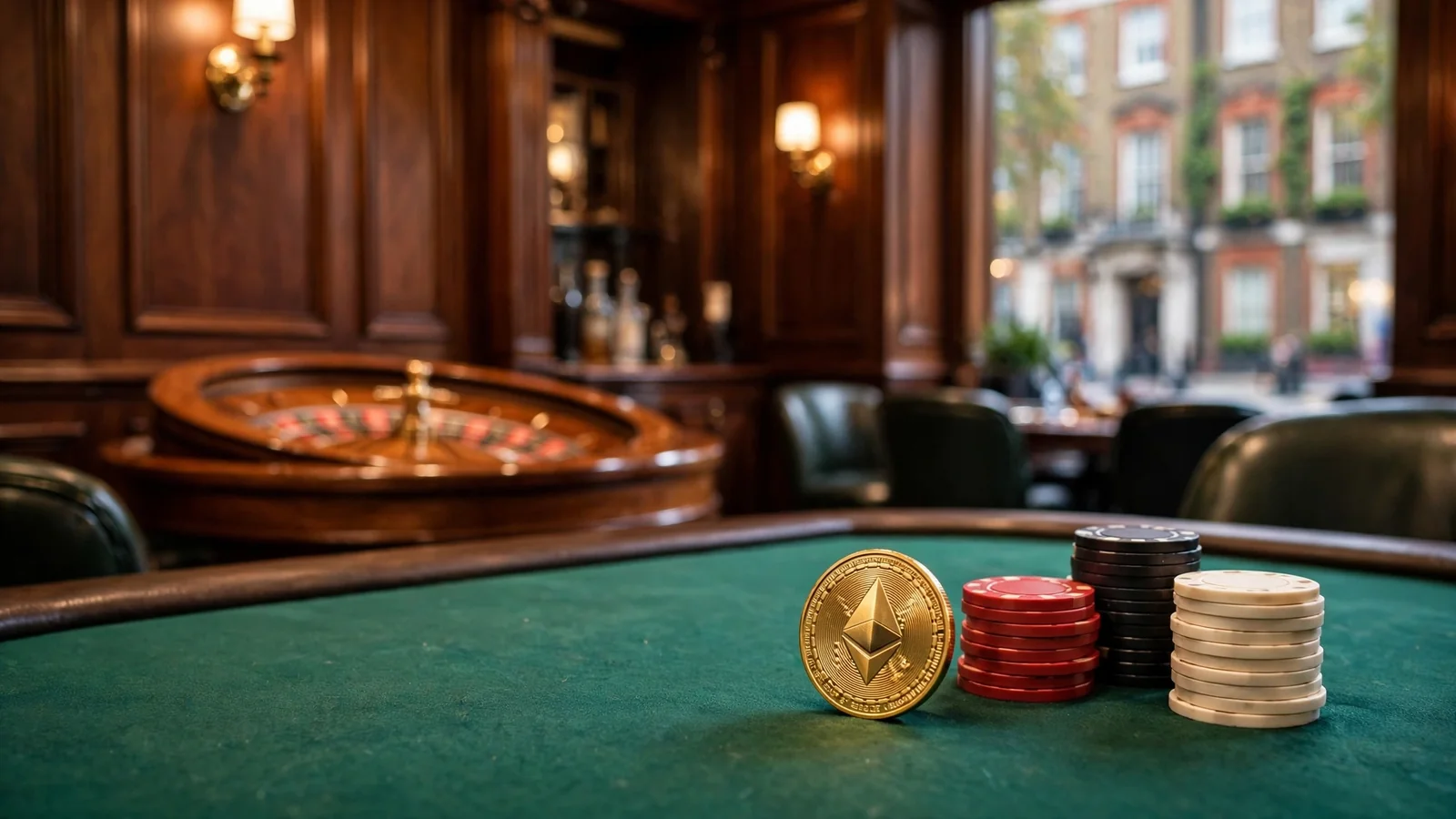 Golden Ethereum coin token on green felt casino table with stacked chips and roulette wheel in elegant British club interior