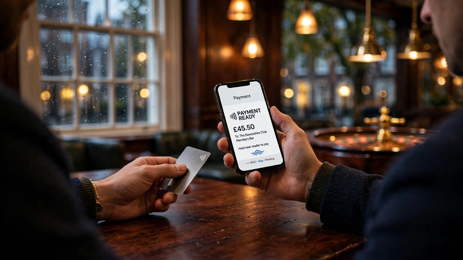 Hands holding a smartphone and contactless card in an elegant London casino lounge at evening