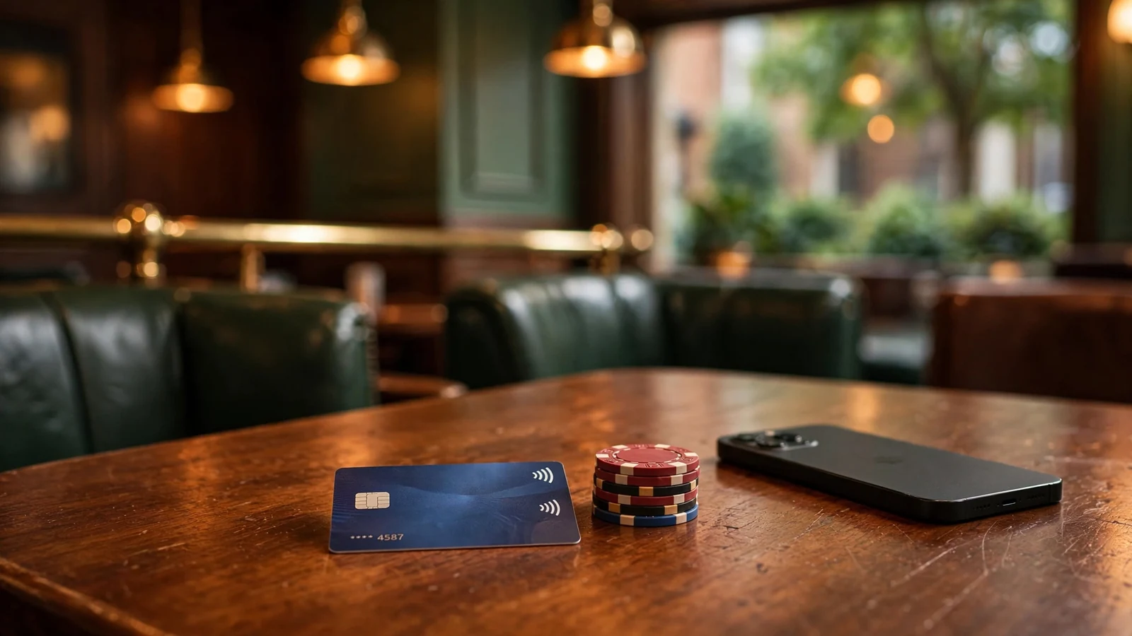 Payment card and casino chips on a wooden table in a British gaming lounge