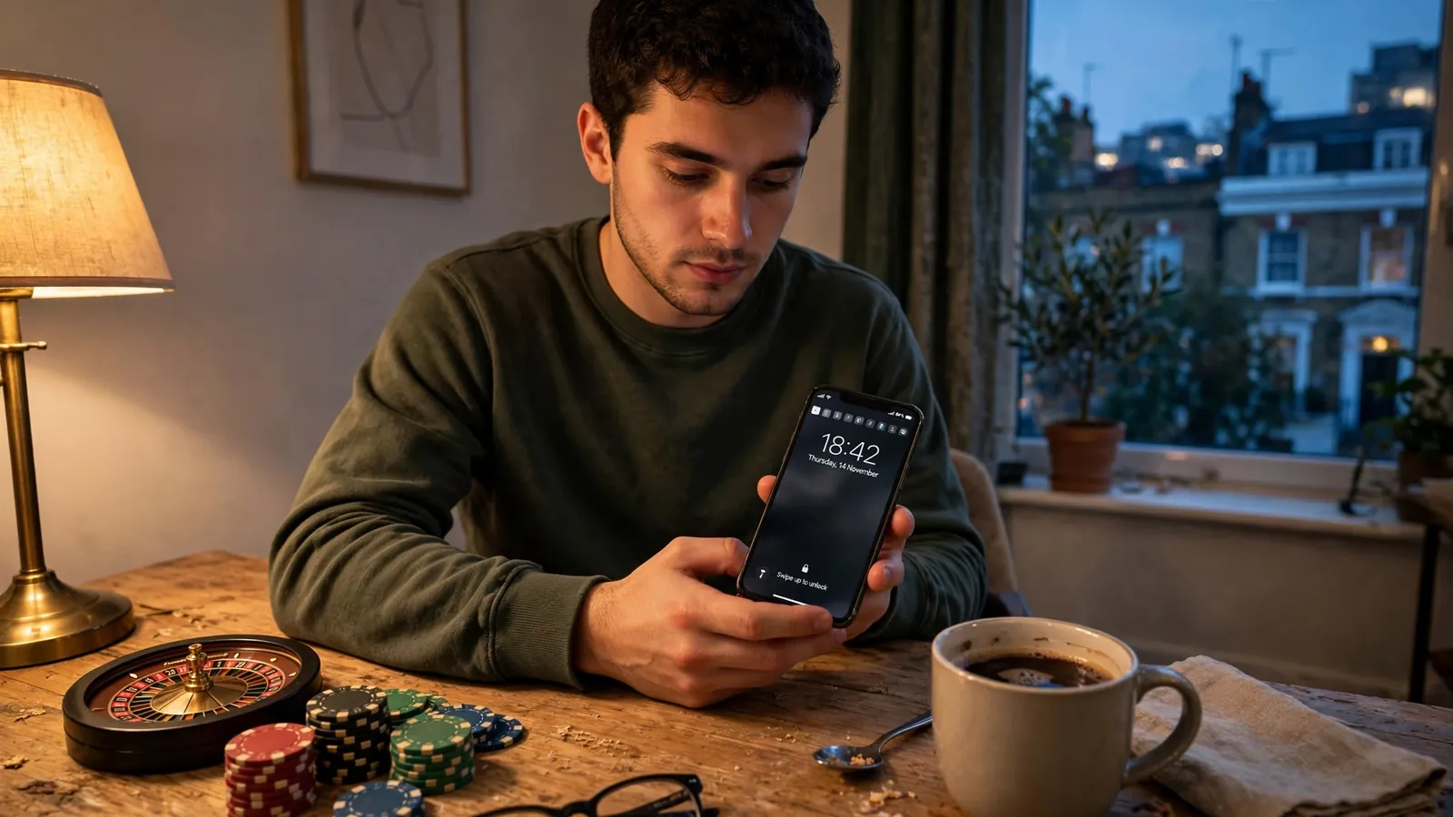 Person at London apartment table holding smartphone beside casino chips and miniature roulette at dusk.
