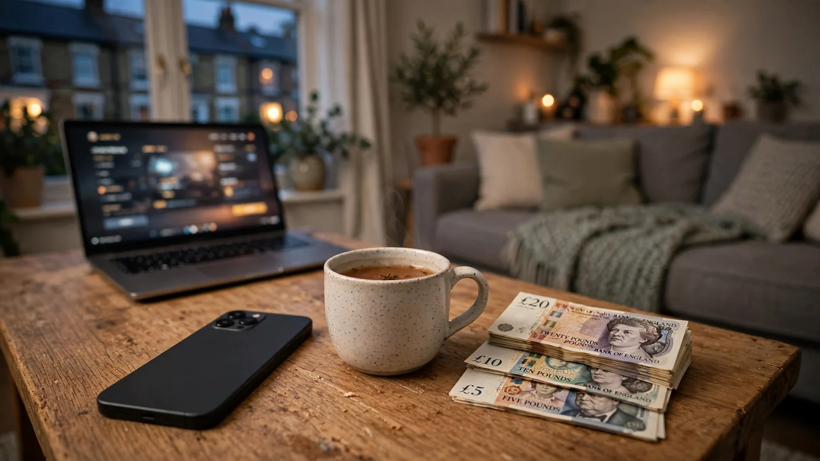 Smartphone on a table with British pounds and tea, representing online casino payments.