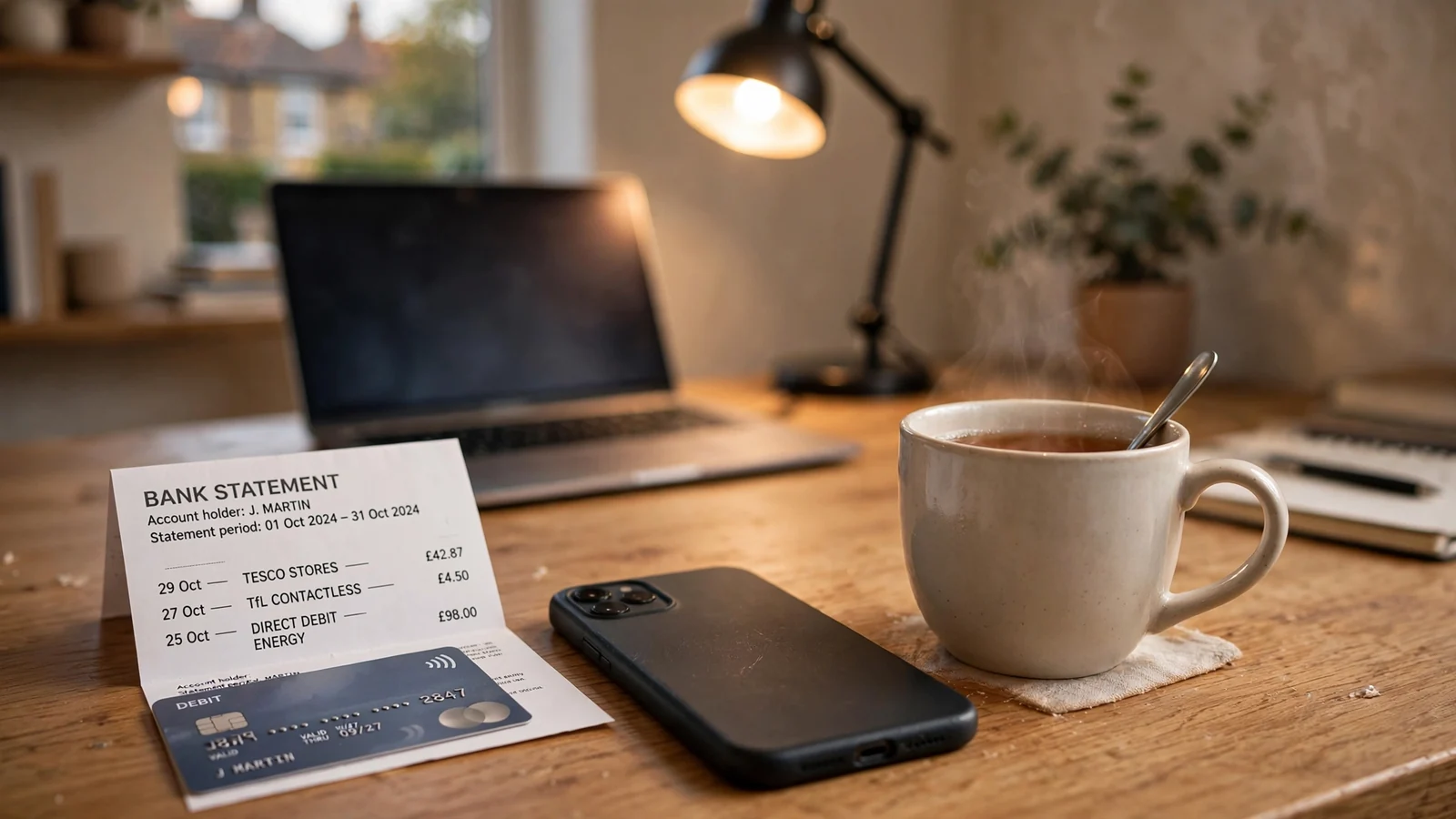 Smartphone, contactless card and bank statement on a wooden desk in a UK home office