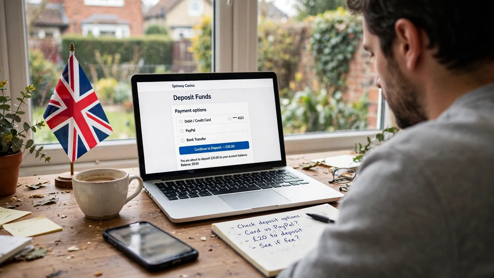 Laptop and smartphone on a desk near a British flag, representing online payment verification in the UK.