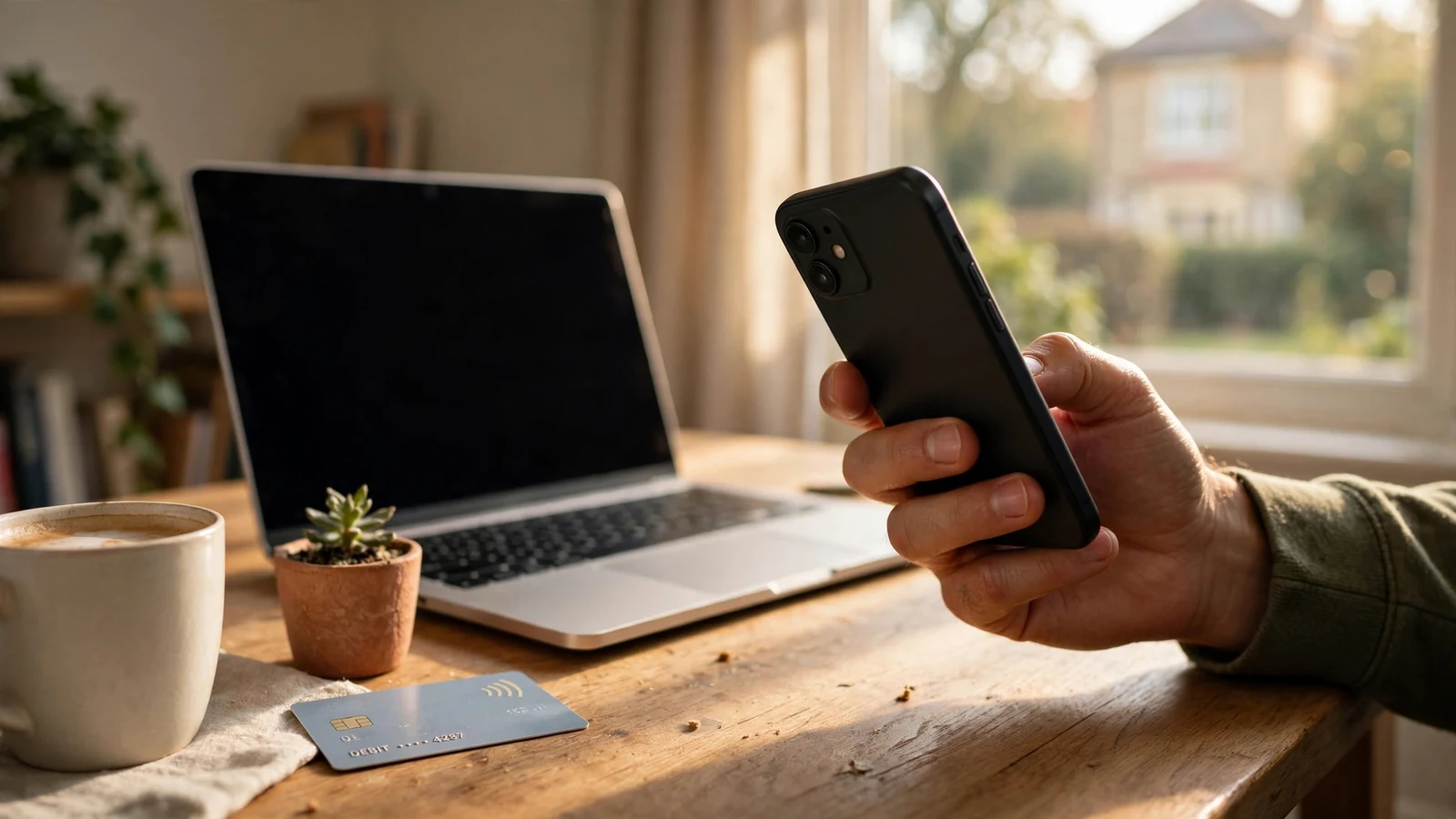 Hand holding smartphone near laptop with contactless card on a wooden desk.