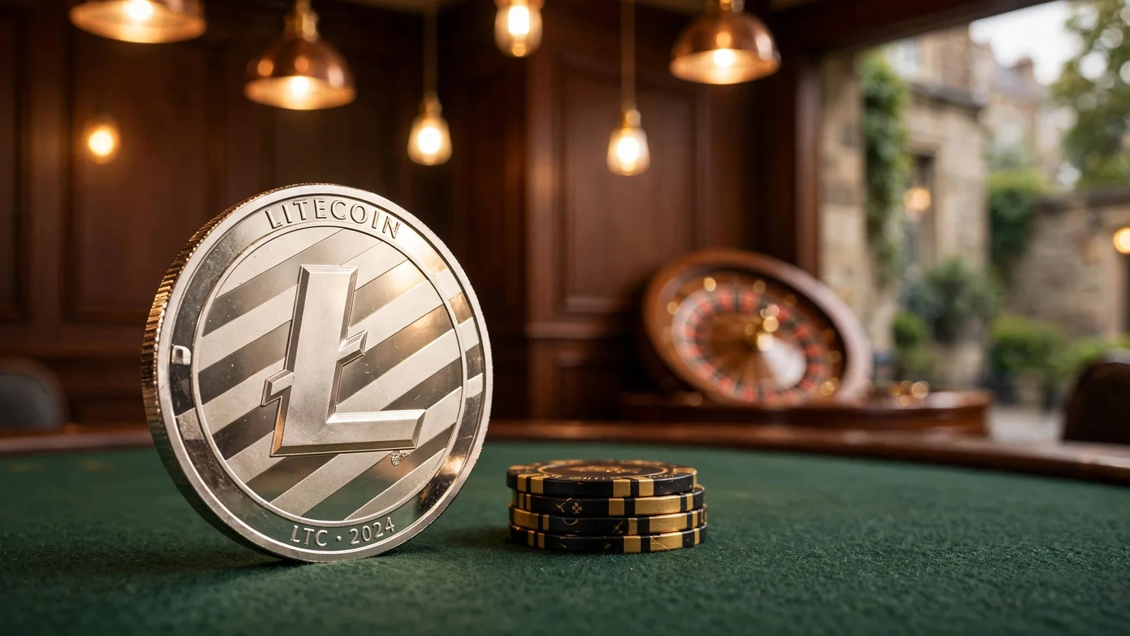 Silver Litecoin coin on green felt casino table with chips and roulette wheel