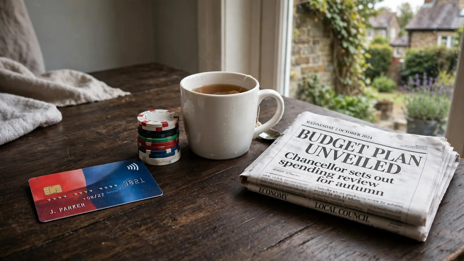 Debit card, casino chips, tea mug, and British newspaper on a wooden table