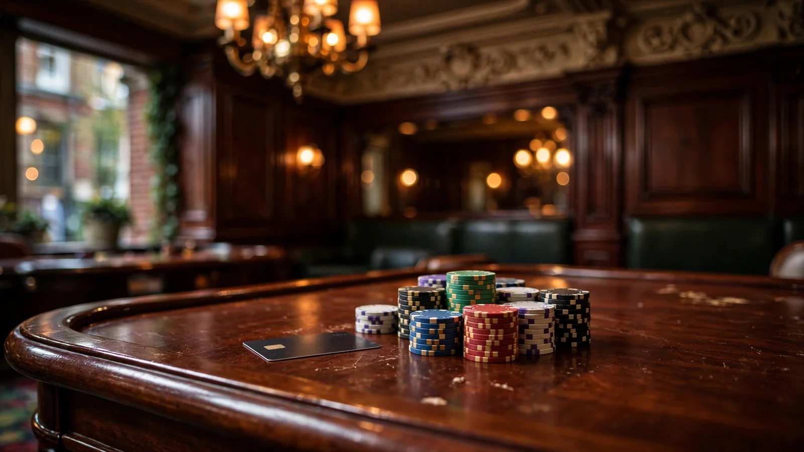 UK casino interior with gaming chips and a bank card on a polished wooden table.