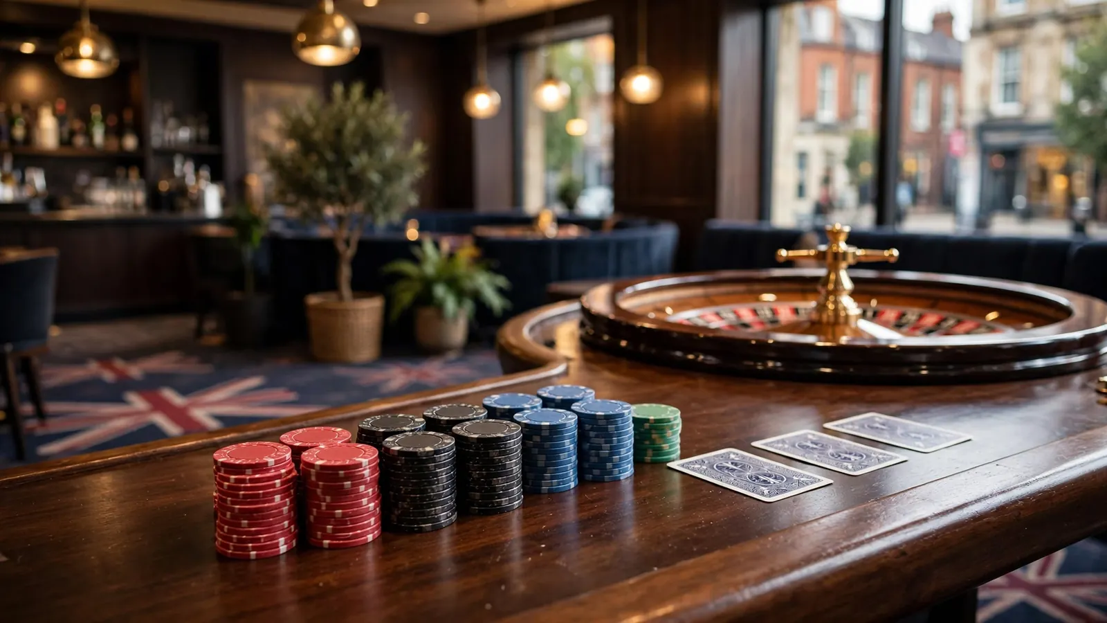 Casino table with chips, cards and roulette wheel under warm lamps