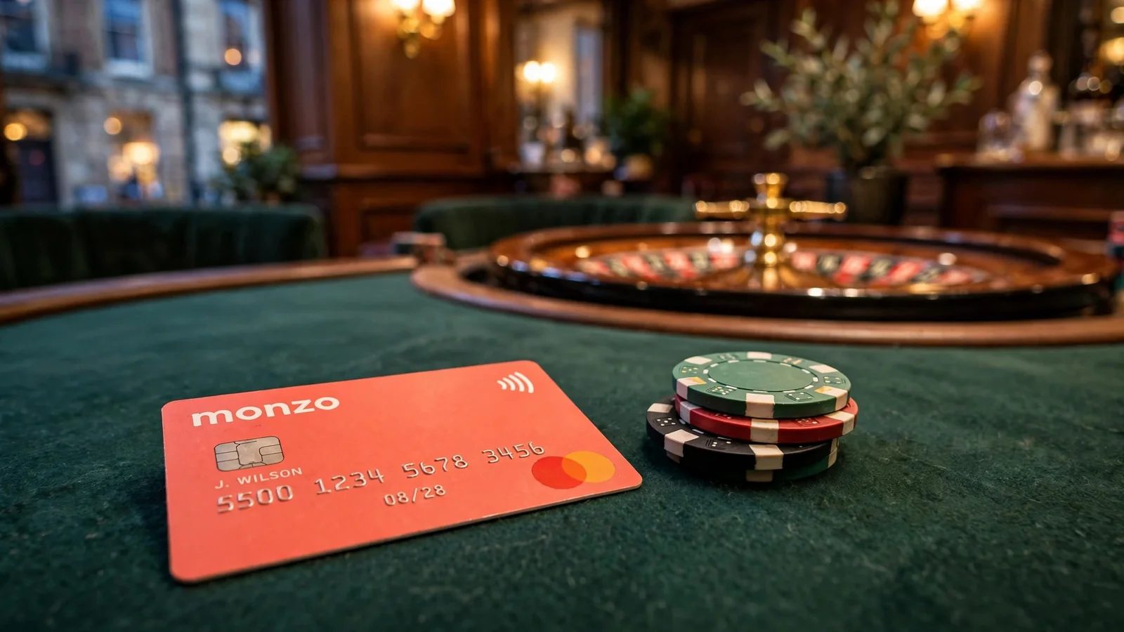 Monzo debit card on a casino table with chips and a roulette wheel.