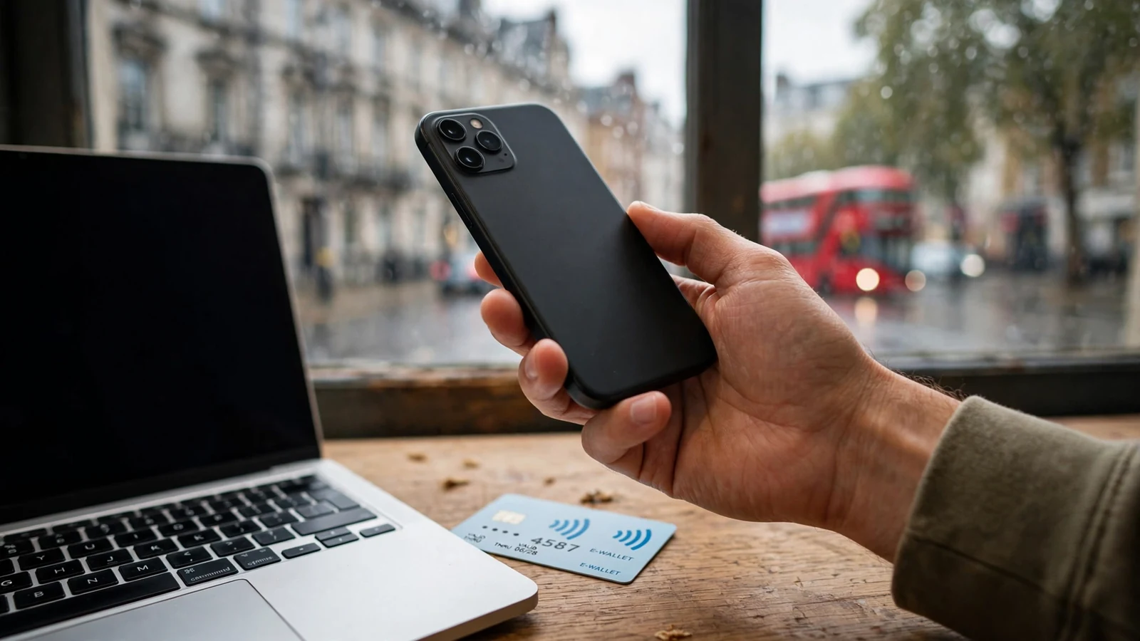 Hand holding a smartphone near a laptop with an e-wallet card, rainy London street view through the window.