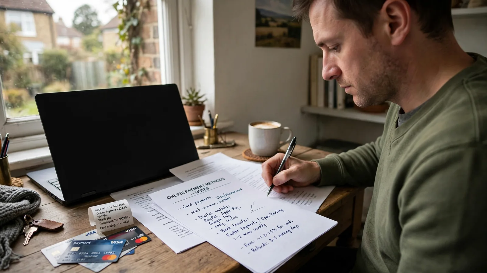 Person reviewing payment method notes at a home desk with laptop screen turned away.