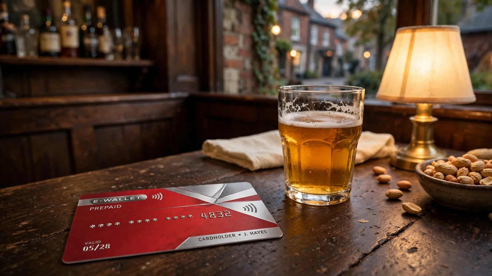 E-wallet card on a wooden pub table beside a pint of ale in a British pub.