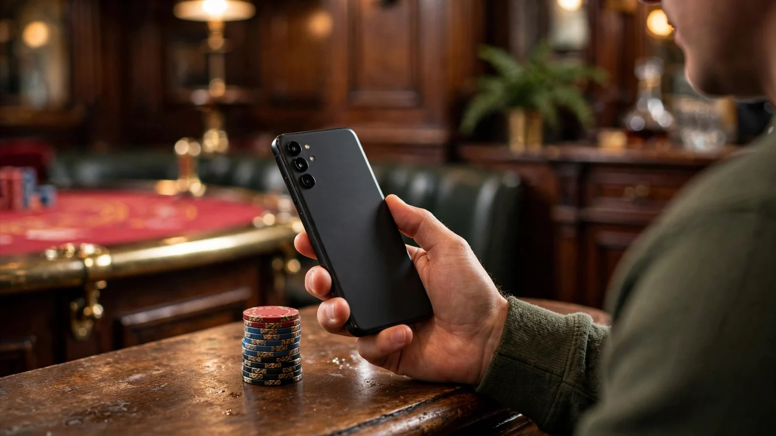 Hand holding a smartphone on a casino table with chips, UK setting.