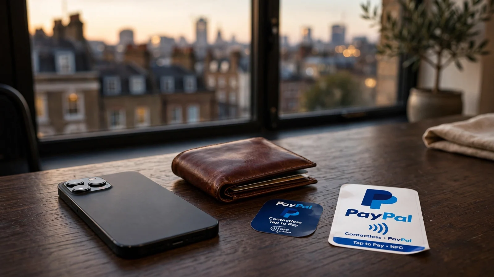 Smartphone, wallet, and PayPal payment accessories on a London apartment table