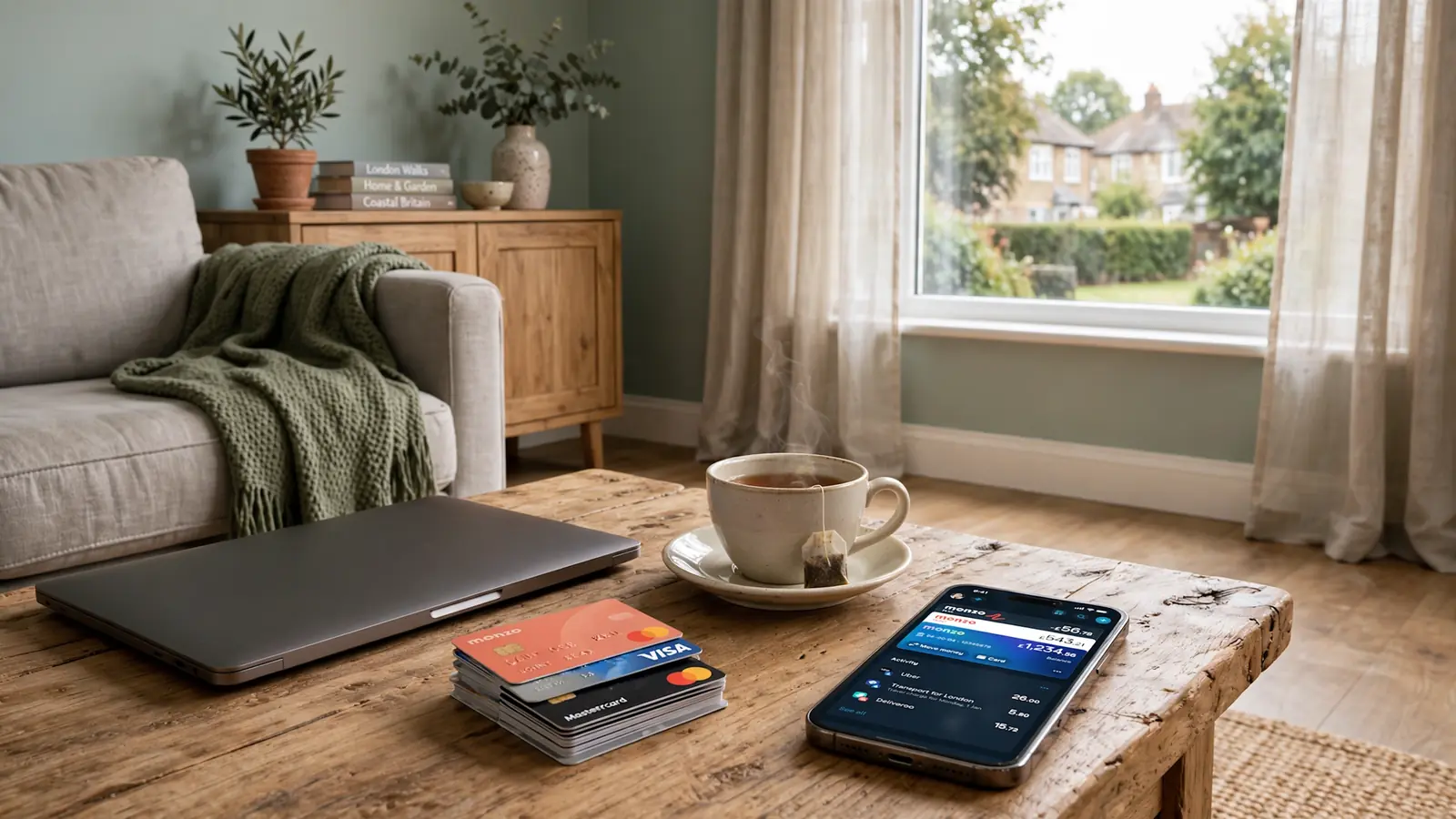 Closed laptop, cards and phone in a British living room