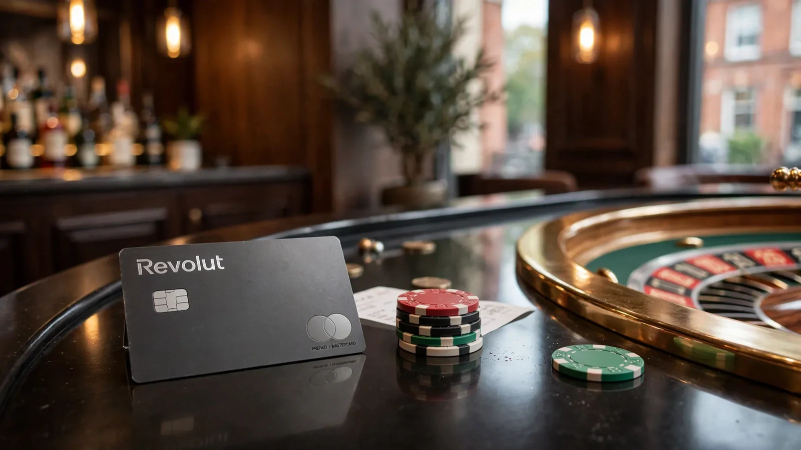 Revolut card on a casino cashier counter with chips and a roulette wheel
