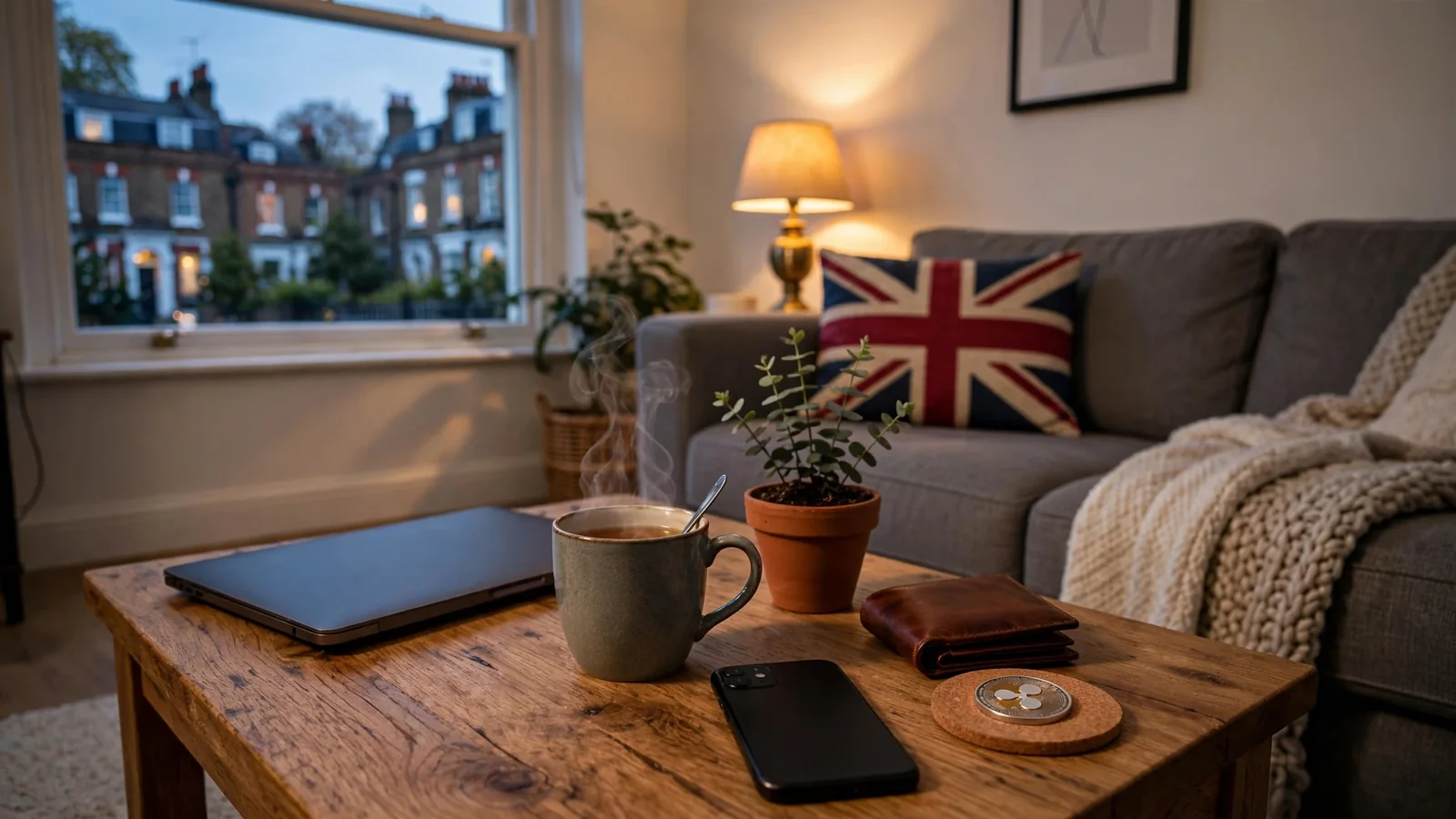 London living room with closed laptop, tea, and XRP coin suggesting crypto deposits at a UK casino.