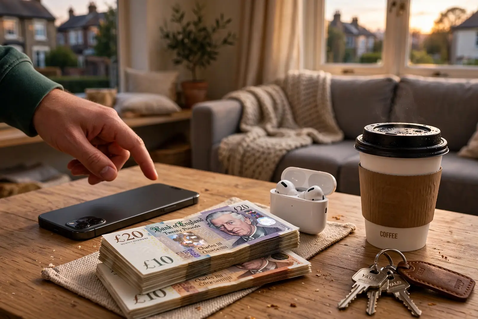 Smartphone face-down on table with pound notes and earbuds