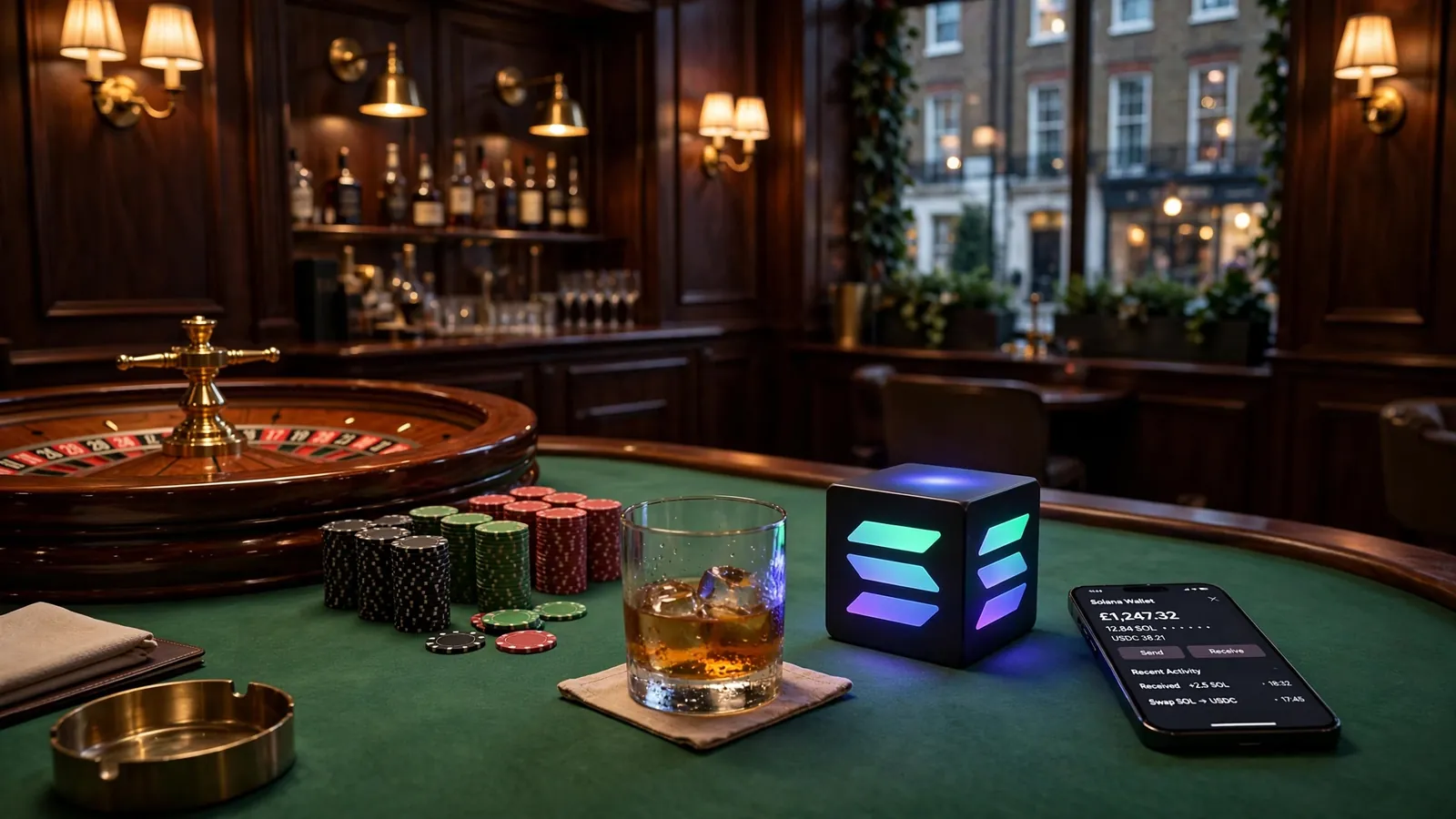 London casino lounge with roulette, chips, and Solana cryptocurrency detail