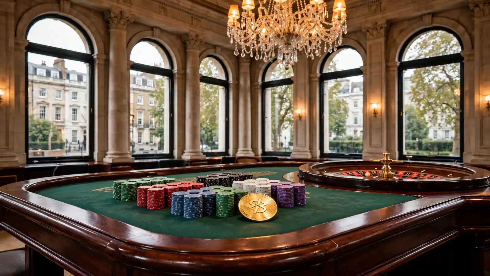 Gold cryptocurrency token beside stacked poker chips on a green felt table in a London casino room.