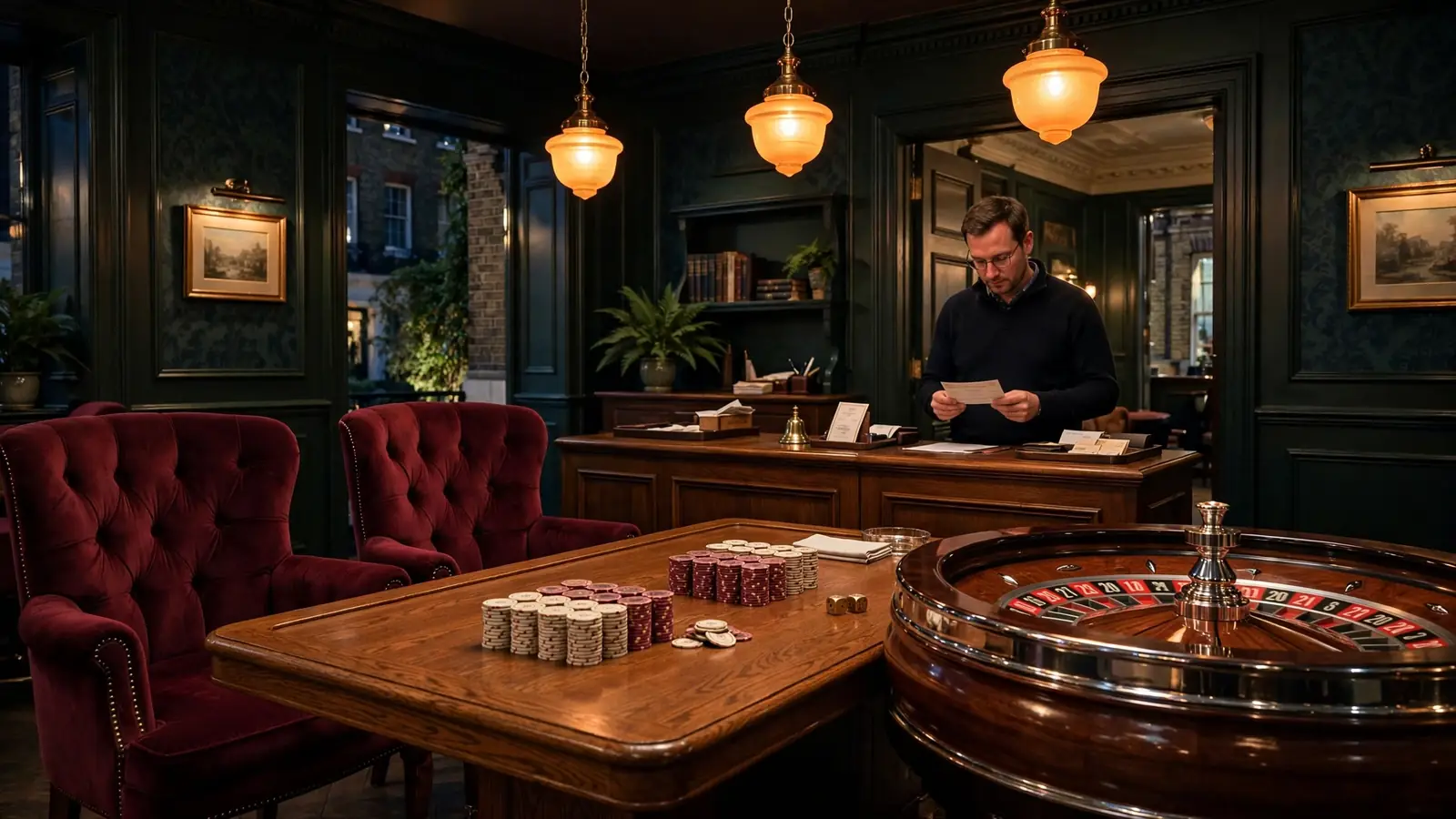 Elegant UK casino lounge with chips, roulette wheel and cashier desk under warm lighting