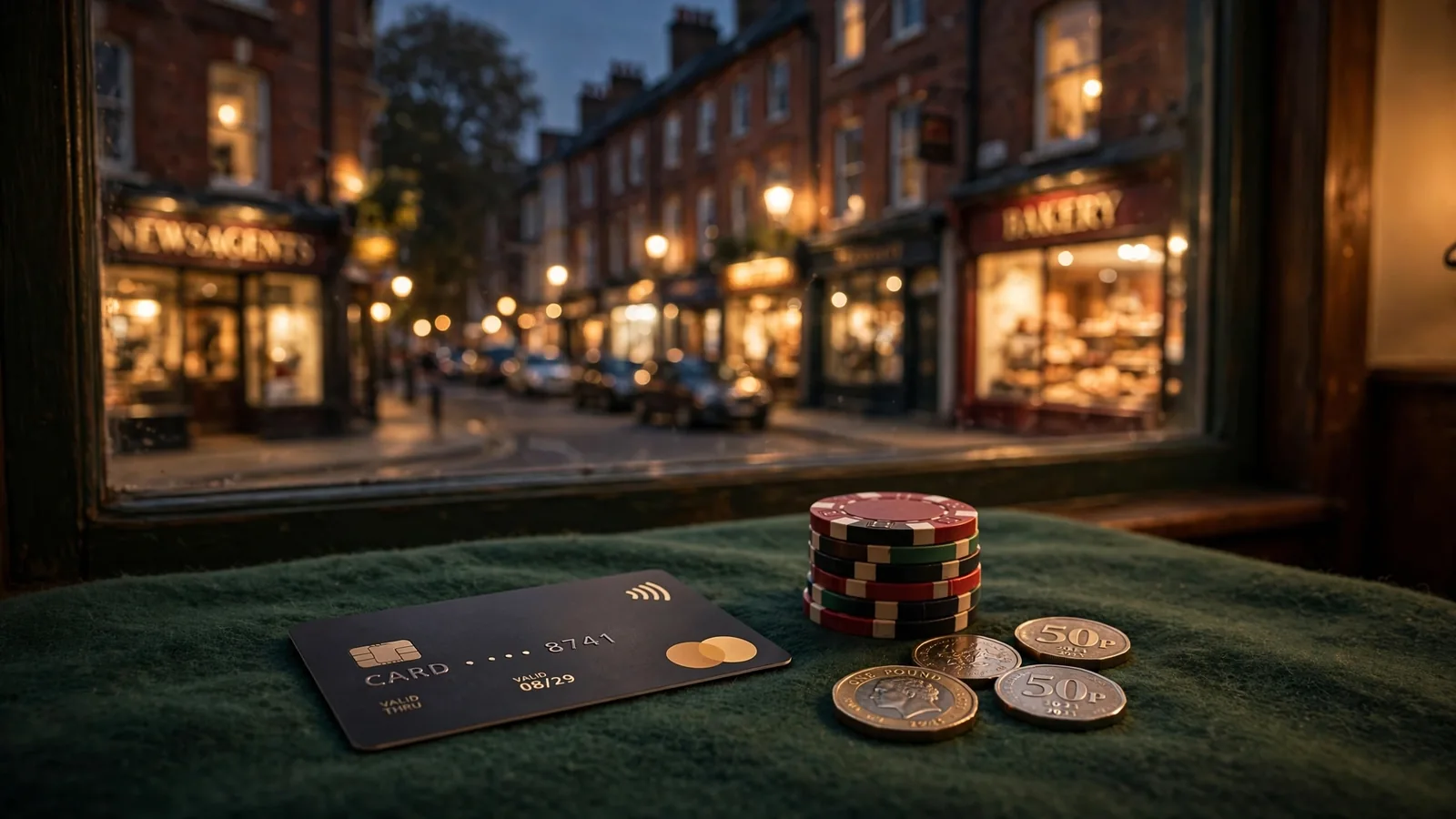 Payment card with casino chips on green felt, British high-street in background