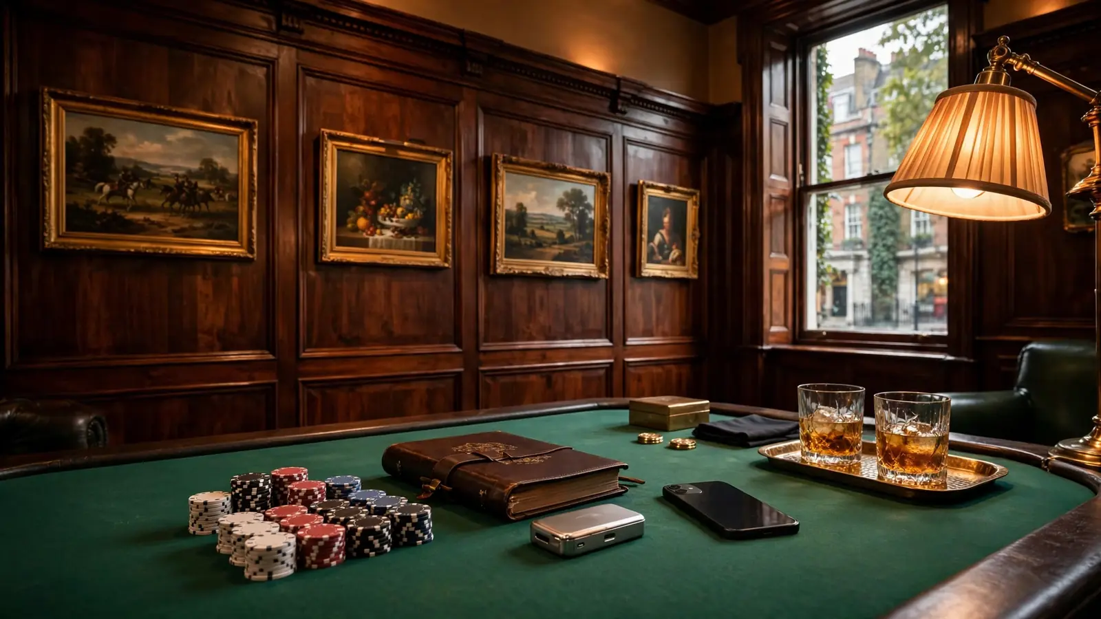 London private club card room with chips, ledger, hardware wallet, and smartphone on green baize table.
