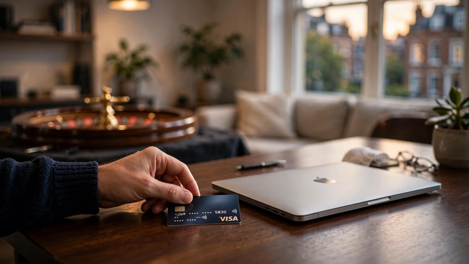 Hands placing a Visa debit card beside a laptop in a UK flat