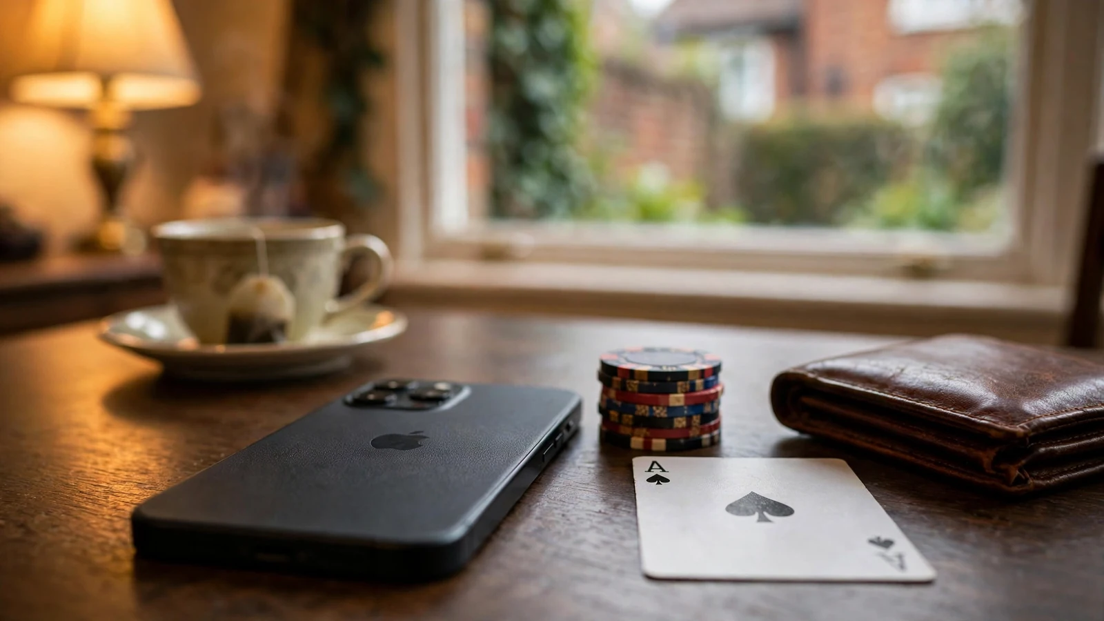 Smartphone on wooden table with casino chips and playing card, warm lamp light