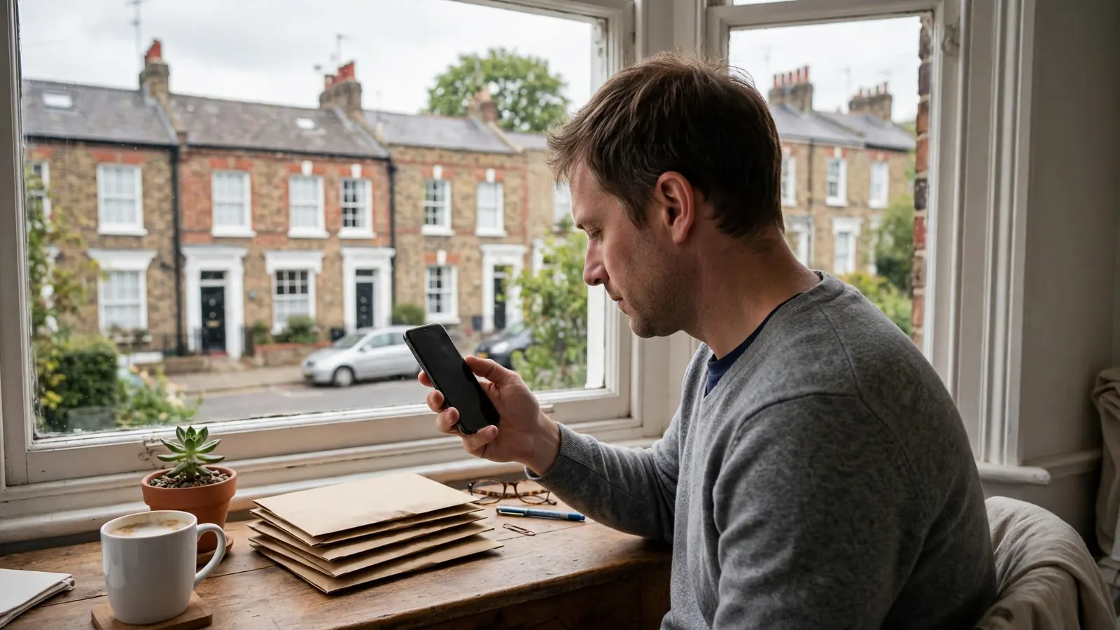 Person in British home at desk holding a phone, envelopes and mug nearby, Georgian street through window.