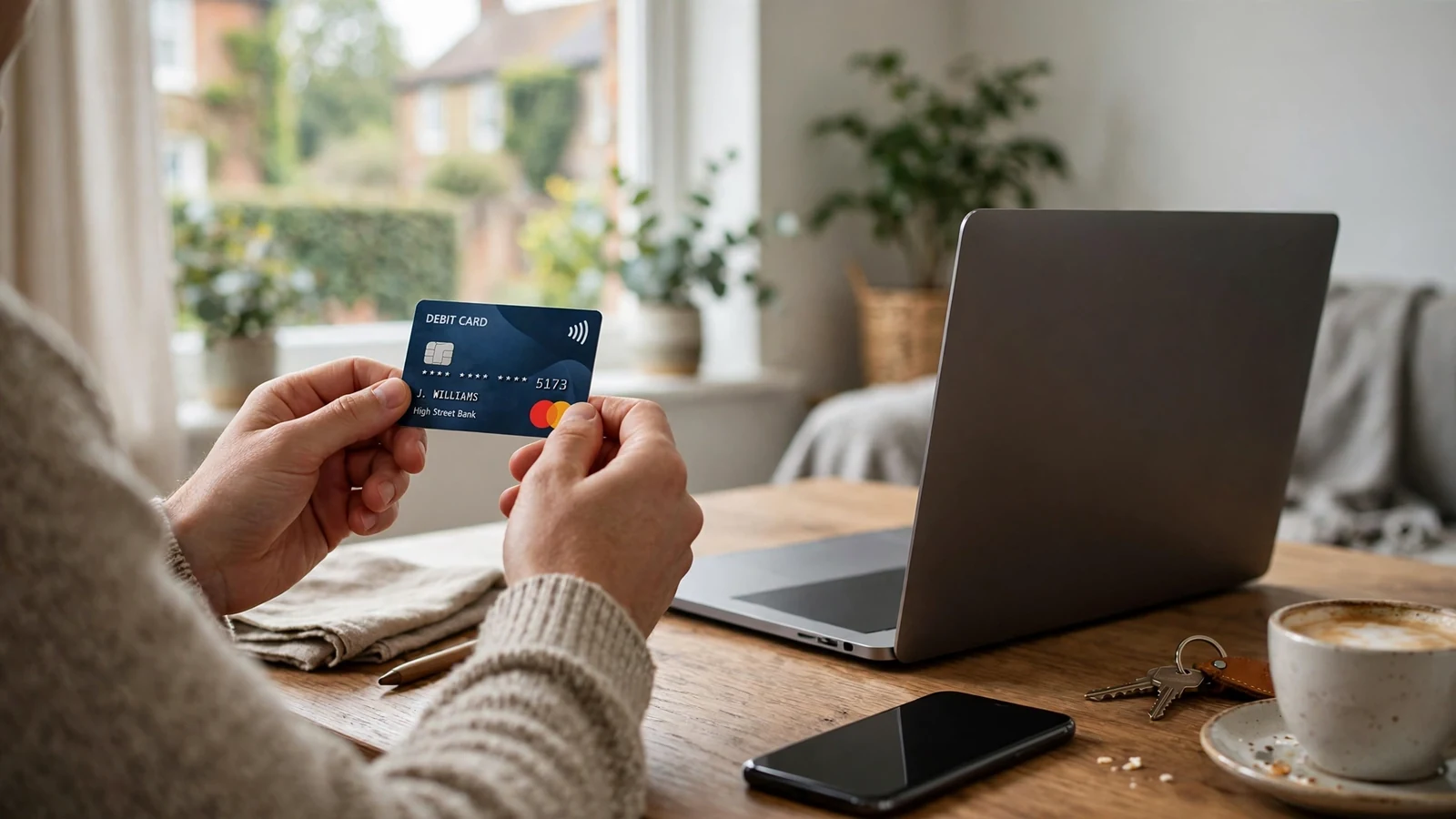Hands holding a payment card beside a laptop on a desk, representing online casino deposits.