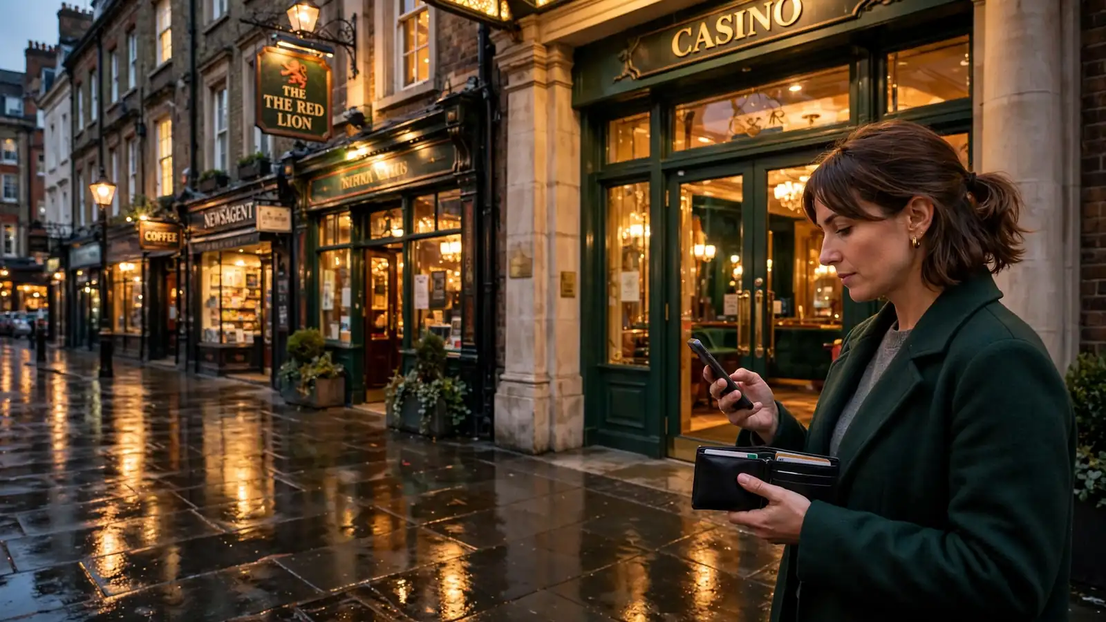 Person at UK casino entrance checking phone on a wet evening high street
