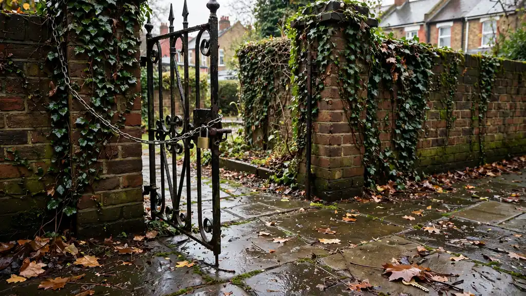 A locked garden gate in London left slightly open in the rain.