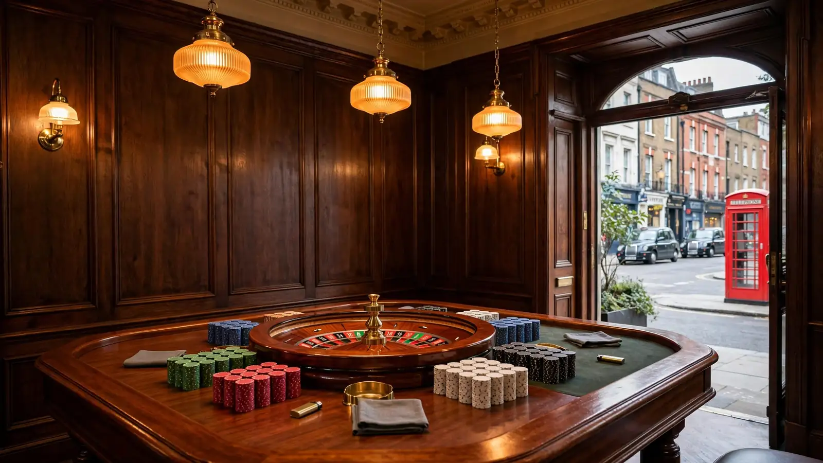 Classic British casino interior with roulette wheel and colorful chips on a wooden gaming table