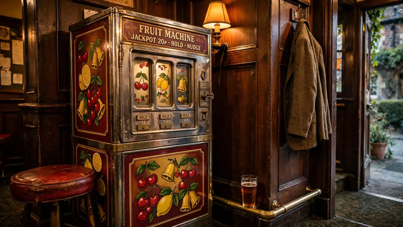 Classic British fruit machine in a traditional UK pub corner, warm amber lighting.