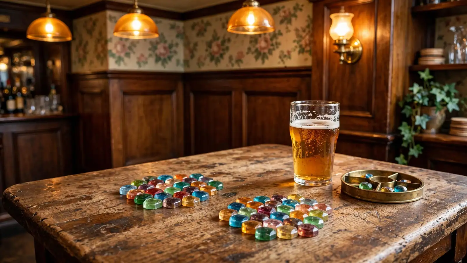 British pub corner with gem tokens arranged in cluster patterns on an oak table