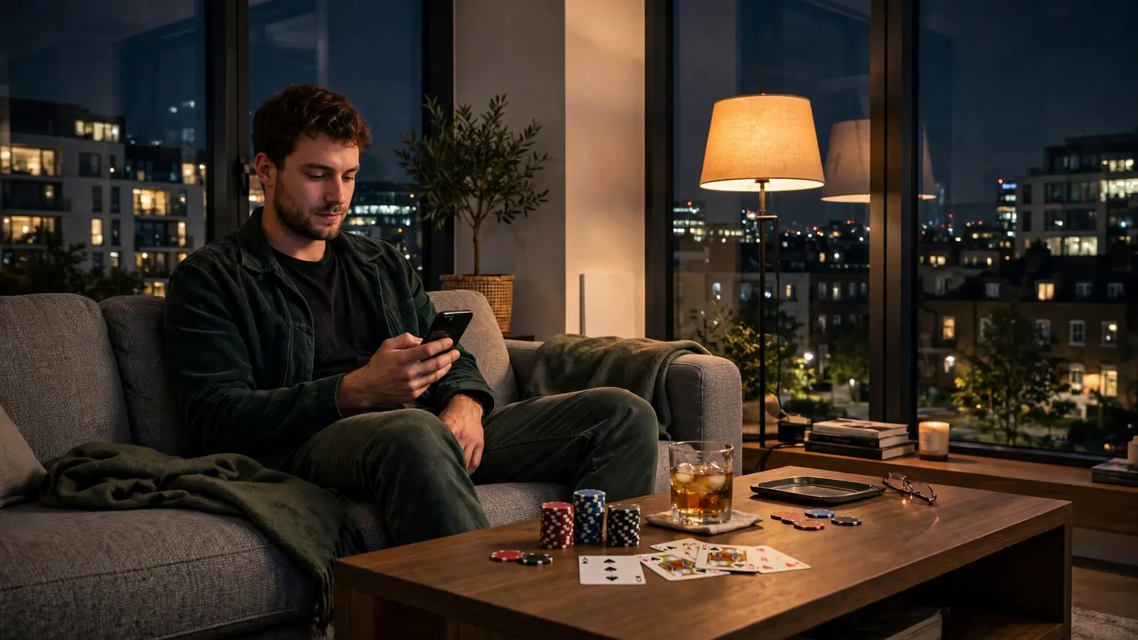 Young adult on sofa with phone in London flat at night, casino chips nearby.
