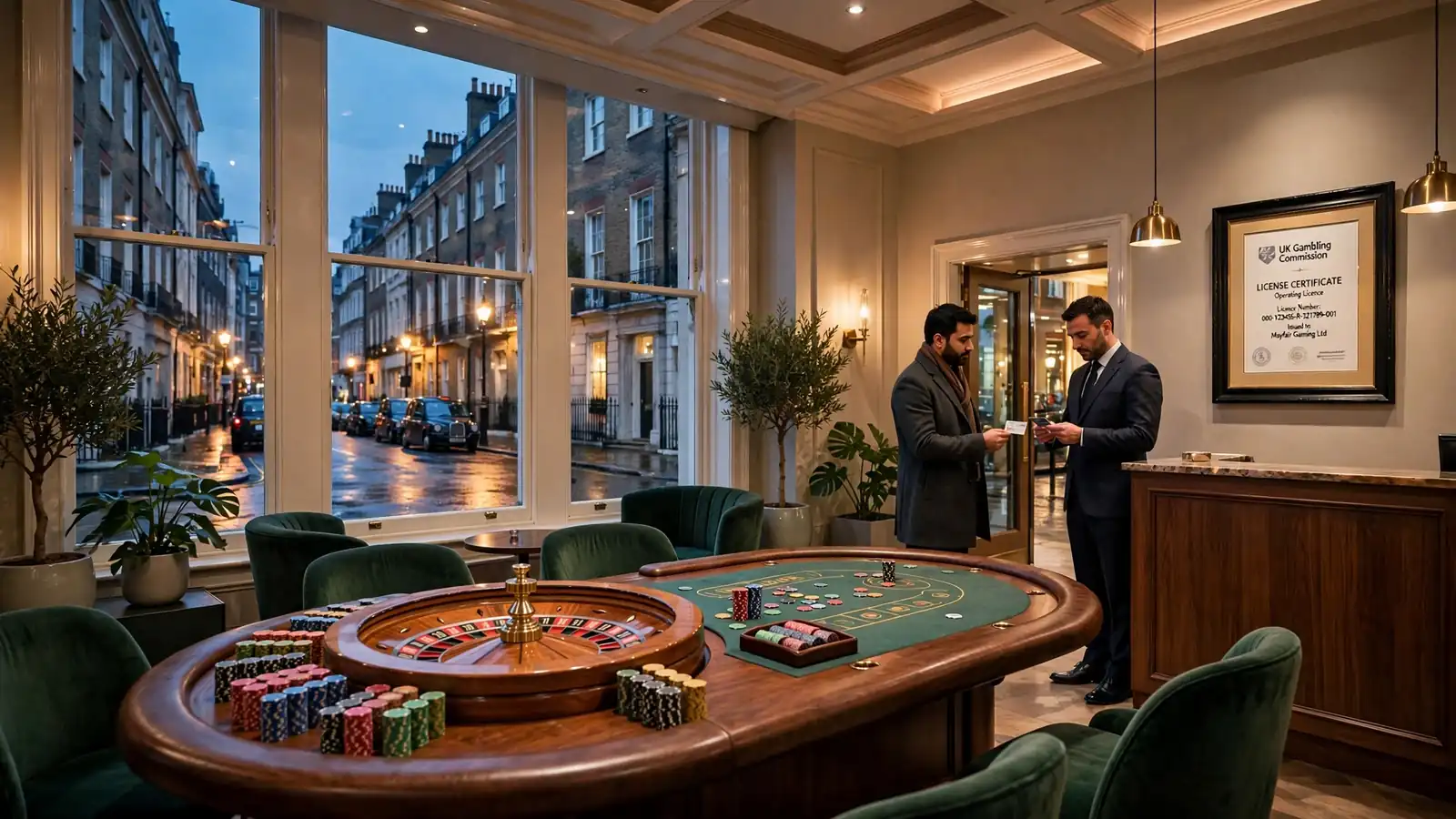 London casino entrance with roulette table, chips, and UK licence certificate on wall