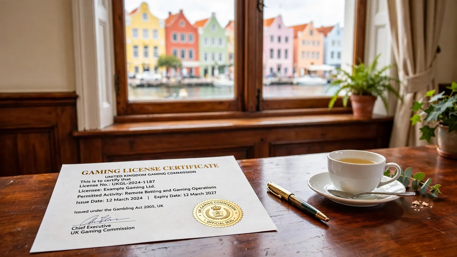 Gaming license certificate on a desk with Curaçao waterfront in the background