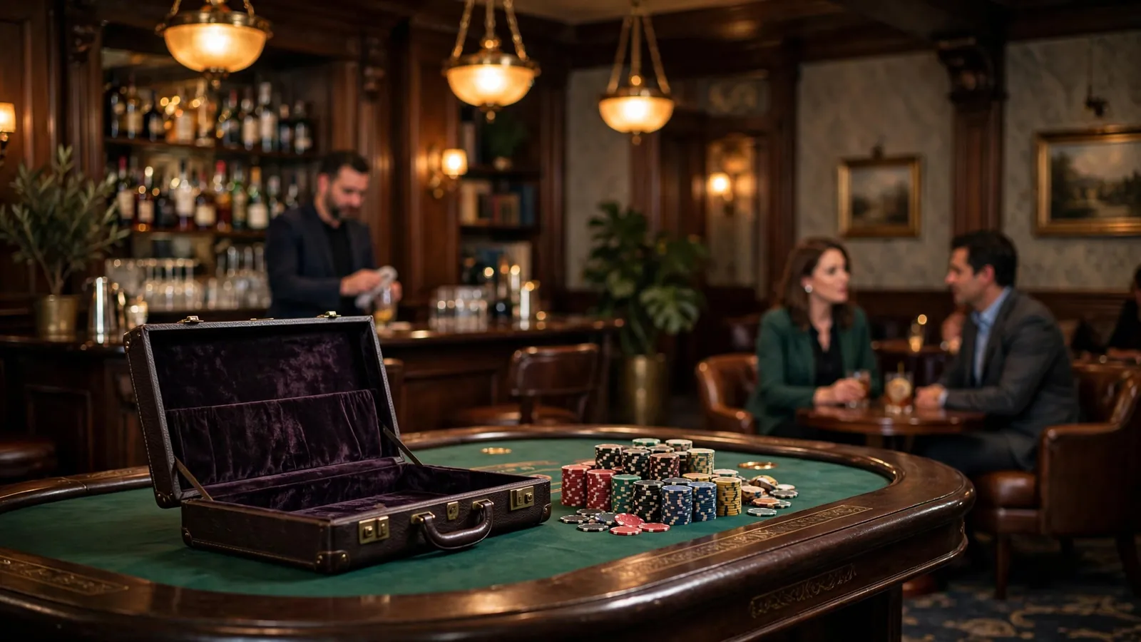 Elegant British casino lounge with gaming table, chips, and a briefcase under warm lighting.