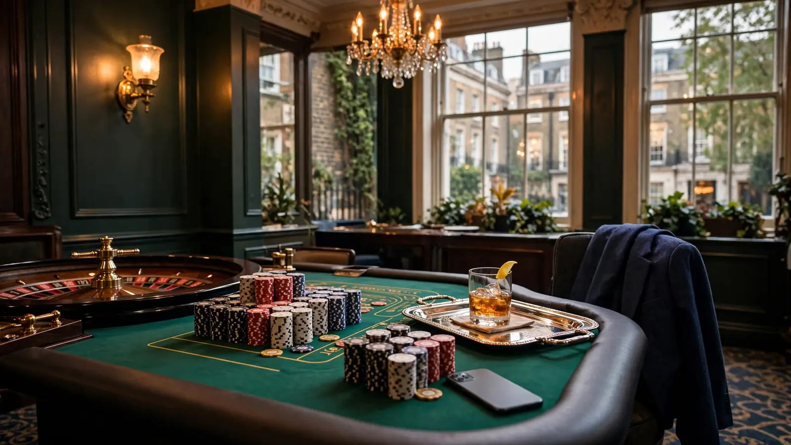 London casino lounge with roulette table and stacked chips