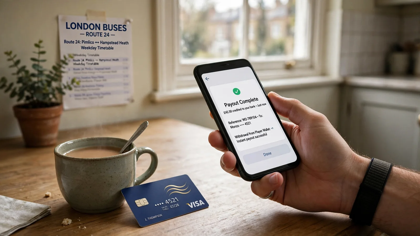 UK player receiving a fast casino payout on a smartphone beside a payment card and a cup of tea.
