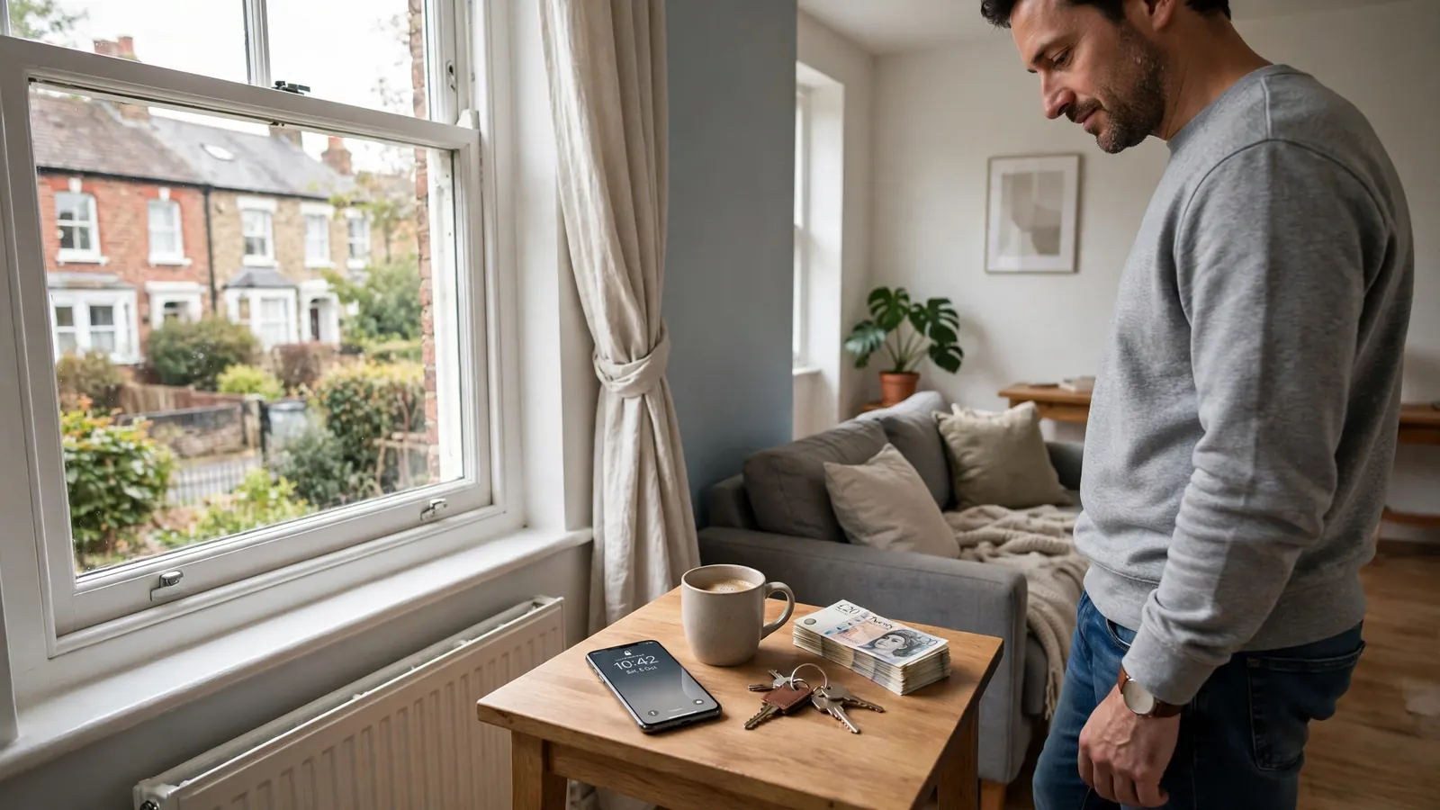 UK home scene with smartphone, coffee, and pound notes on a side table